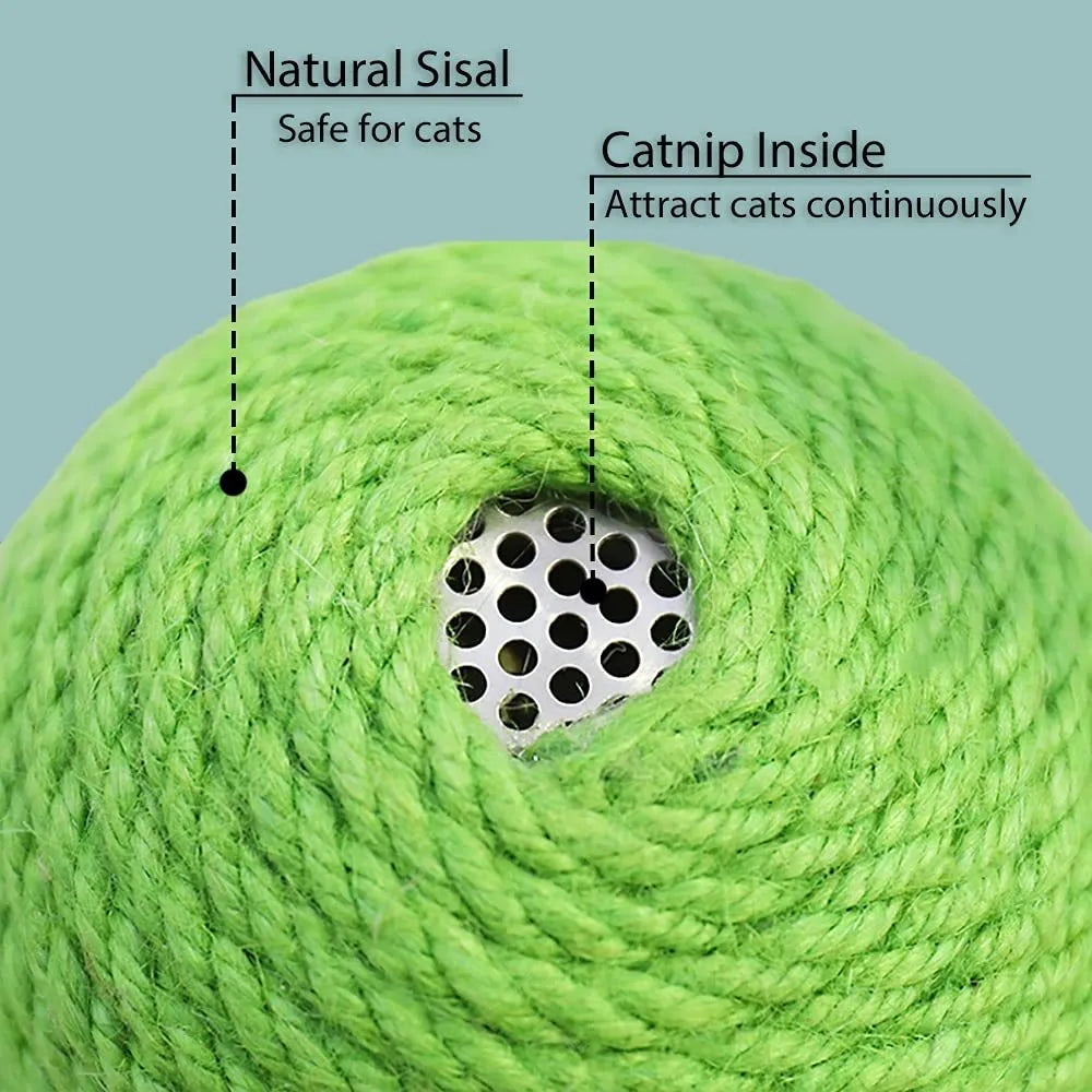 Green cactus-shaped cat scratcher with sisal scratching surfaces and attached tumbler balls containing catnip toys