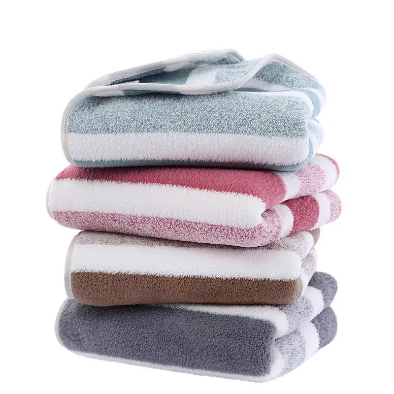 Coral fleece towel with wide stripe dark light pattern in multiple colours
