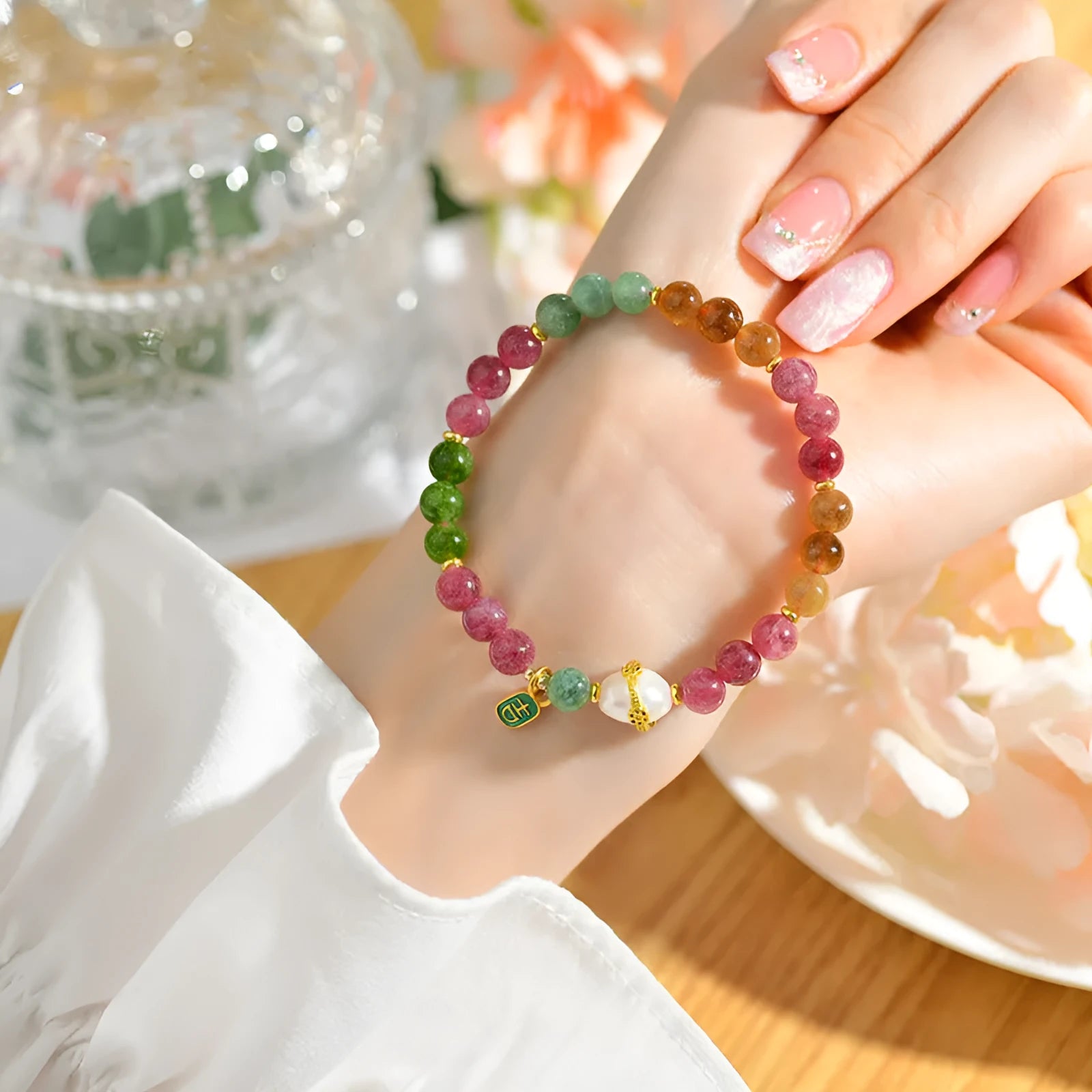 Chalcedony and tourmaline unisex crystal bracelet with 6.5mm geometry beads in colour Z054.