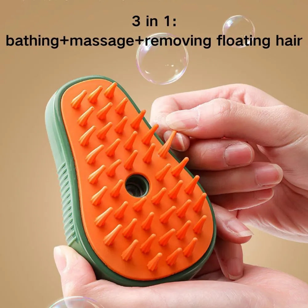 Green and white cat steam brush with silicone teeth, water spray function and compact design