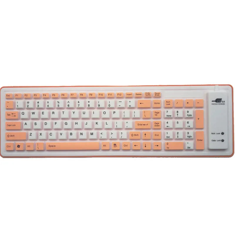 Folding waterproof dustproof silicone keyboard with USB cable, shown in pink, purple, green, blue, black, or orange.