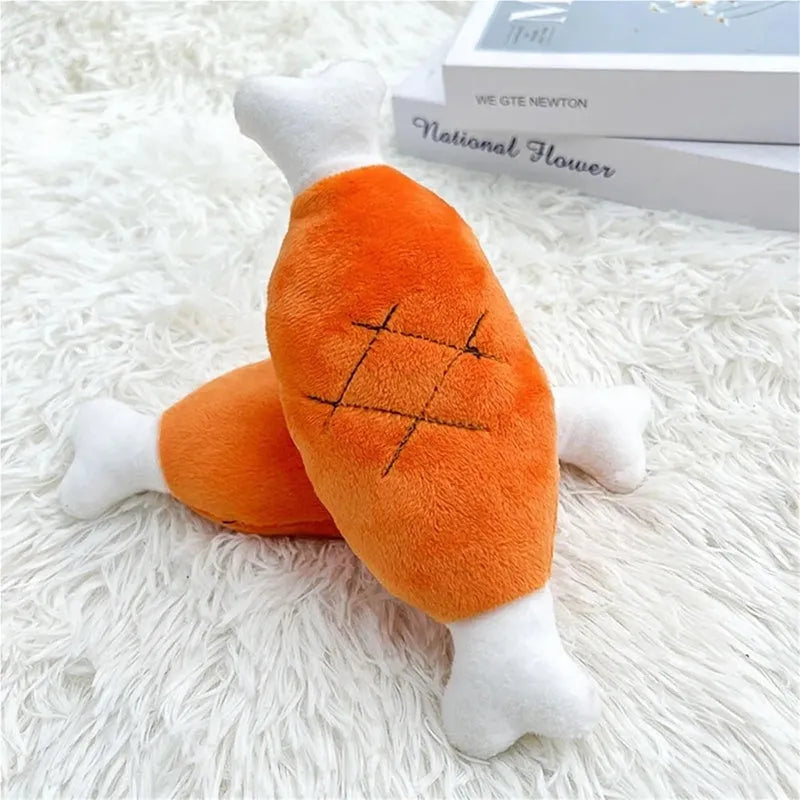 Plush chicken leg dog chew toy with soft fabric, PP cotton filling and built-in squeak sac for small dogs