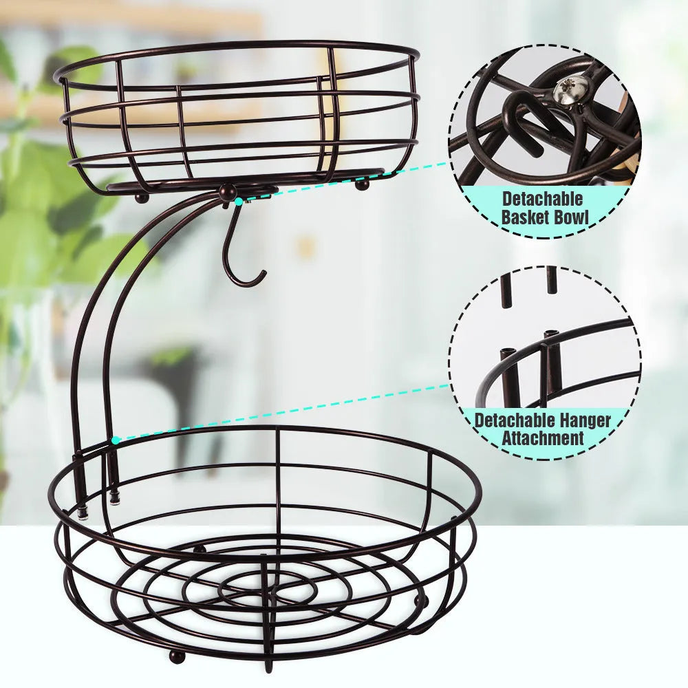 Black double-layer wrought iron fruit basket with two stacking tiers for fruit and vegetable storage
