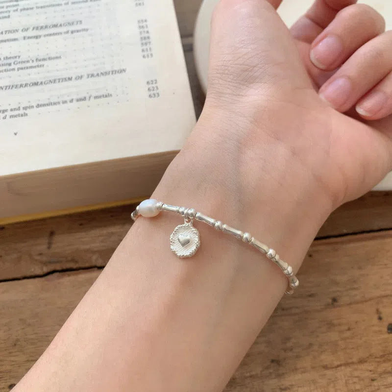 925 sterling silver heart bracelet for women with French retro bamboo joint design in silver colour