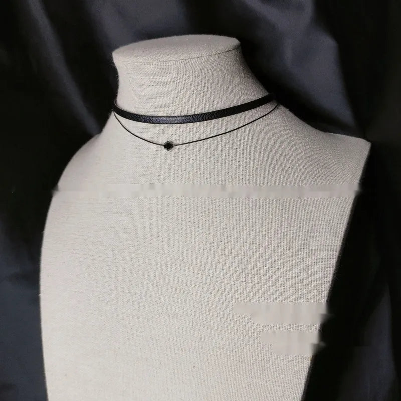 Retro leather rope double layer necklace with crystal beads and stainless steel buckle