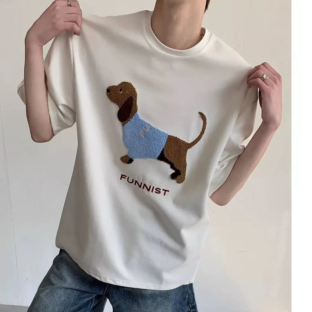 Grey cotton T-shirt for men with an embroidered sausage dog design on the chest.