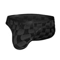 Men's black and white plaid mesh briefs with a U-convex design on a size chart.