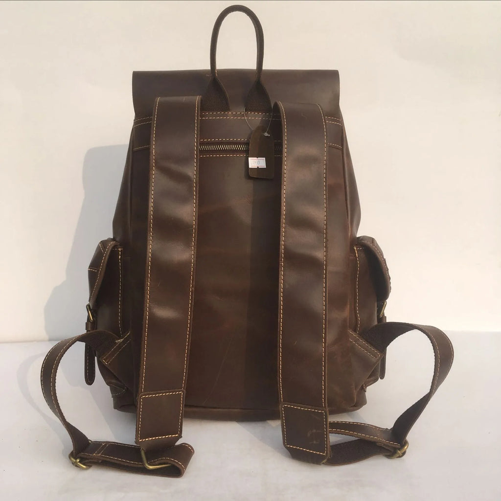Coffee brown genuine leather men's backpack with air pillow belt back support system
