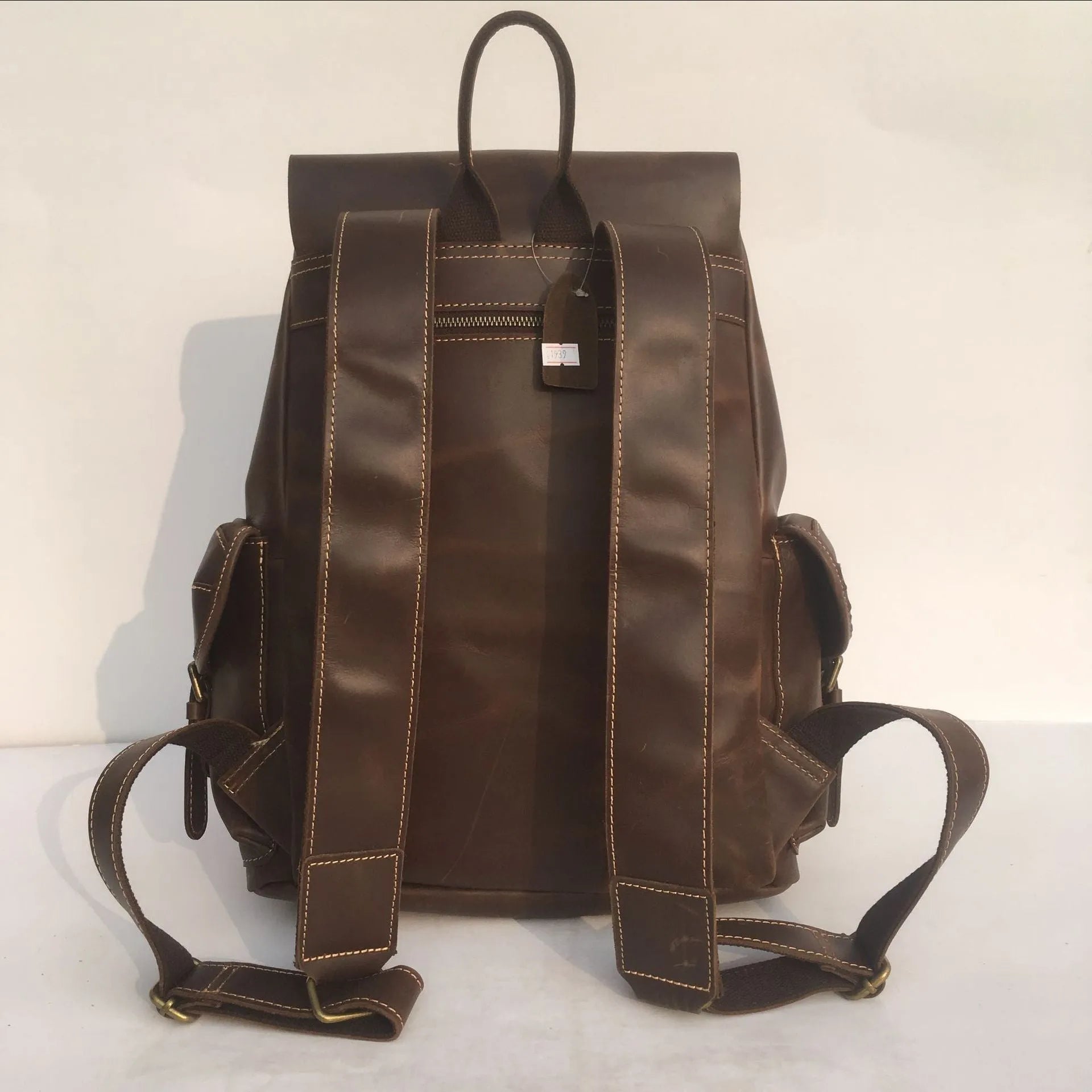 Coffee brown genuine leather men's backpack with air pillow belt back support system