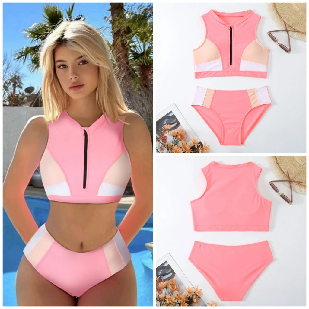 Pink high waist bikini swimsuit set with split design on a solid colour background.