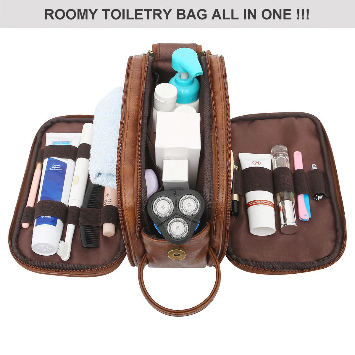 Black and brown solid colour men's PU leather toiletry bag for travel.