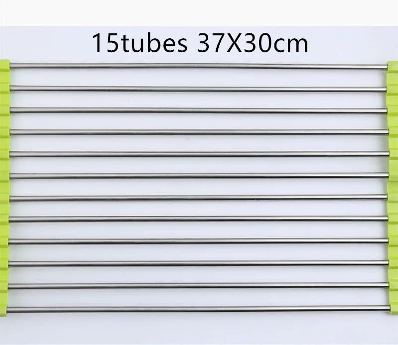 Folding stainless steel and PP kitchen sink drying rack shown in red, collapsed and open.
