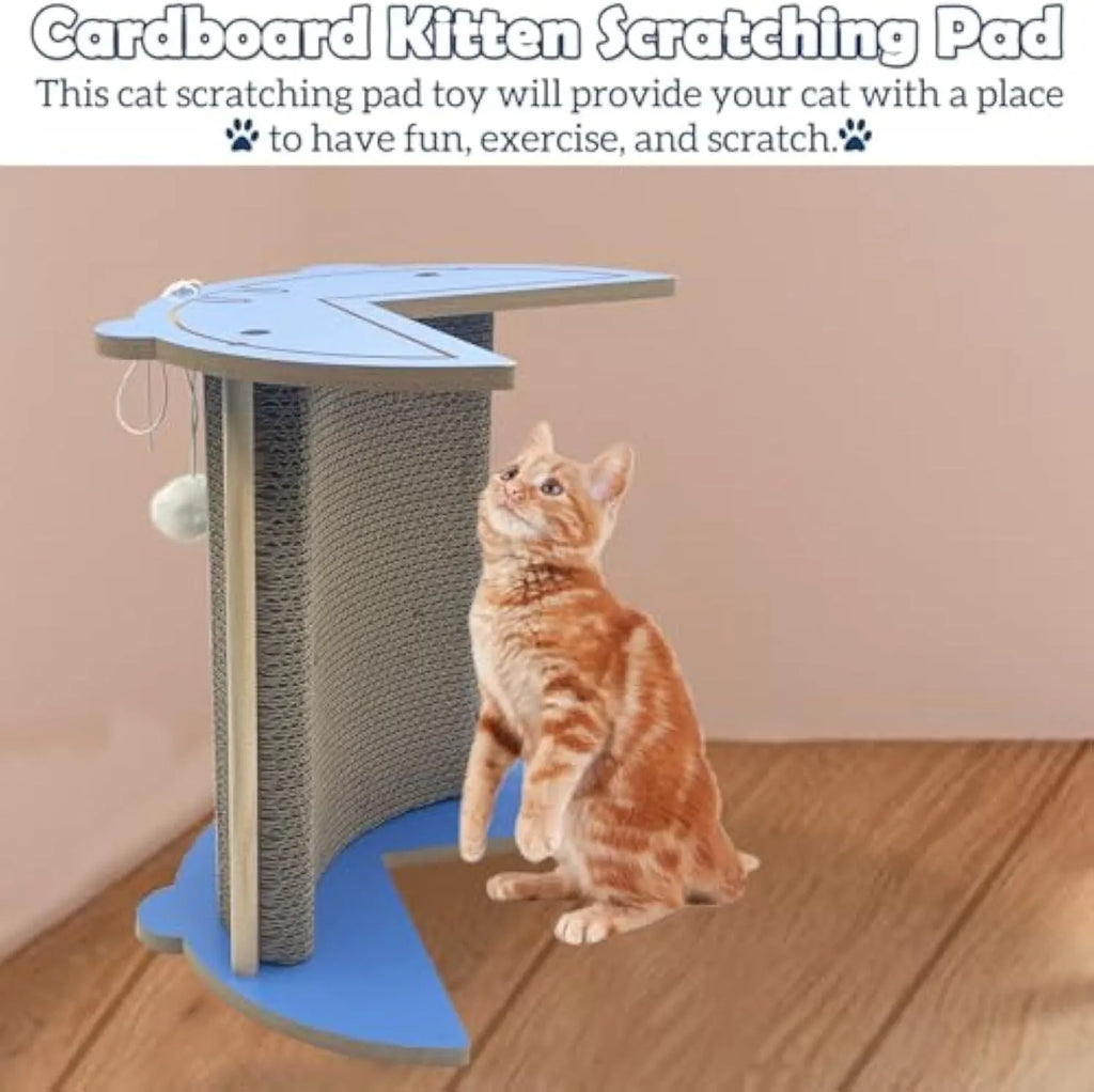 Corner-shaped cardboard cat scratching pad with a hanging blue ball toy attached.