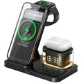 Black foldable wireless charging stand with USB outlet, QC3.0 fast charging and 15W maximum output
