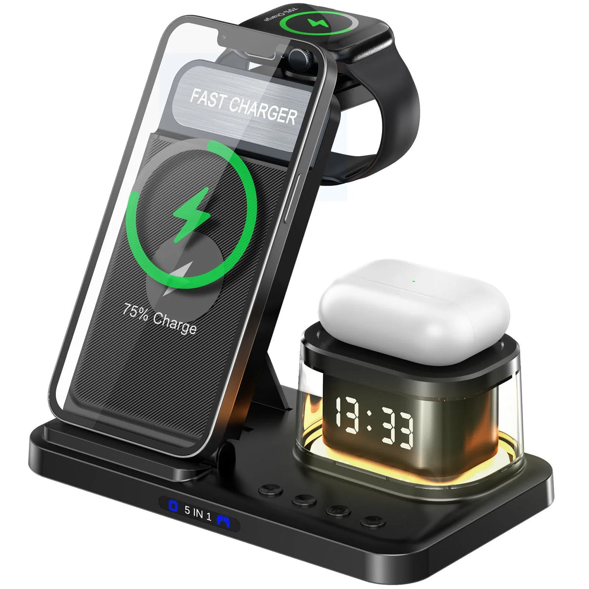 Black foldable wireless charging stand with USB outlet, QC3.0 fast charging and 15W maximum output