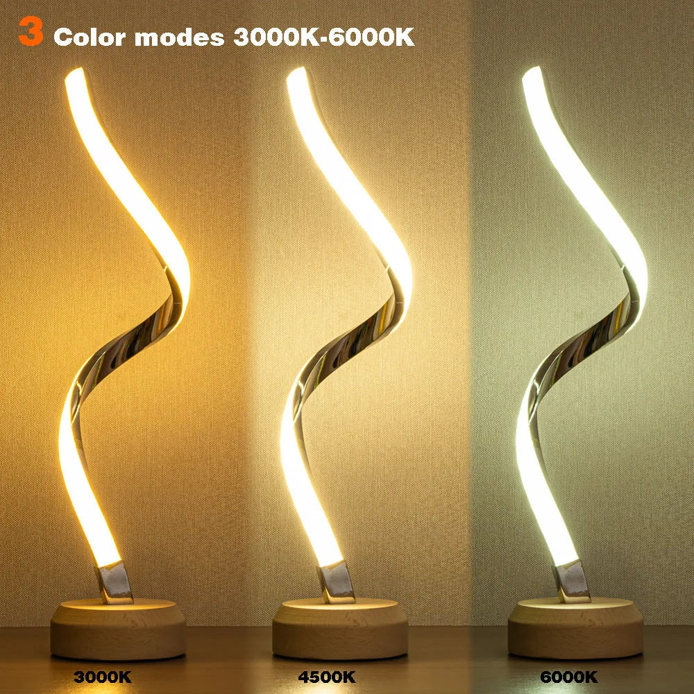 LED spiral table lamp with wooden base, USB power, touch dimming, and warm white light panel for bedside or desk.