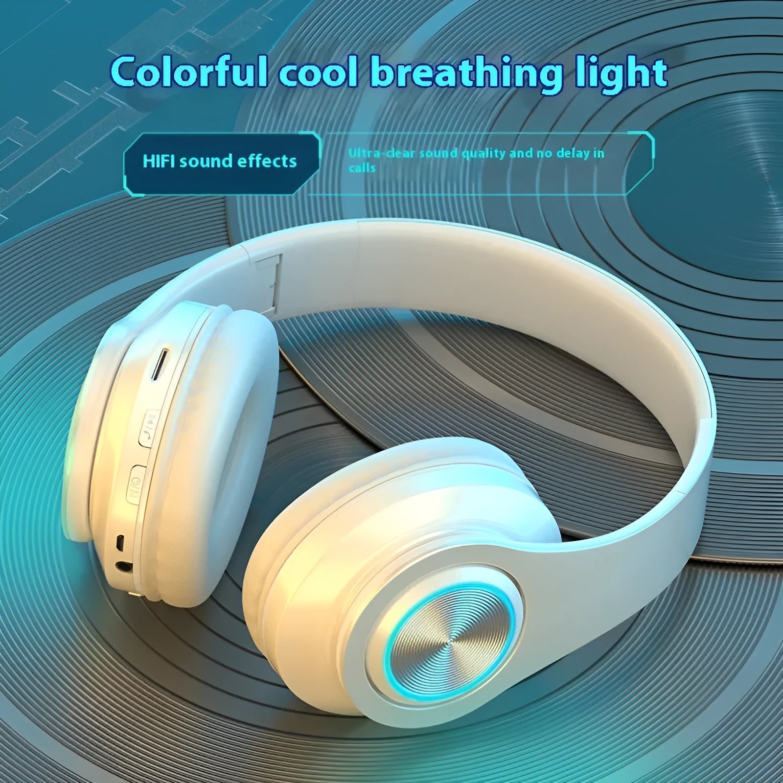 Black wireless over-ear gaming headset with breathable light on earcup.