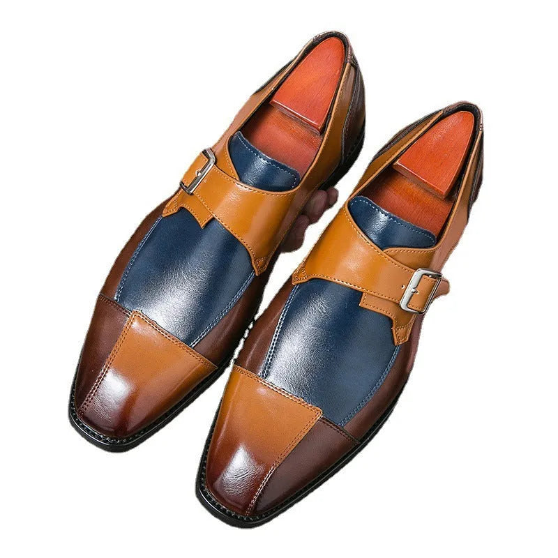 Men's brown blue retro buckle casual leather shoes with tall crown height on a plain background.