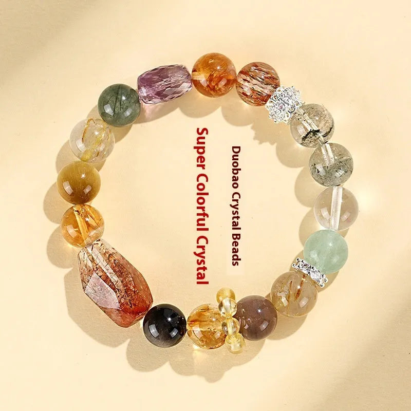 Natural crystal string bracelet with hand-beaded Duobao designs including black gold Super Seven style for women