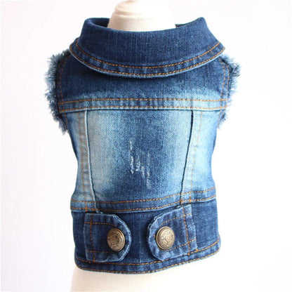 Stylish denim dog jackets and vests in a variety of designs for small pets