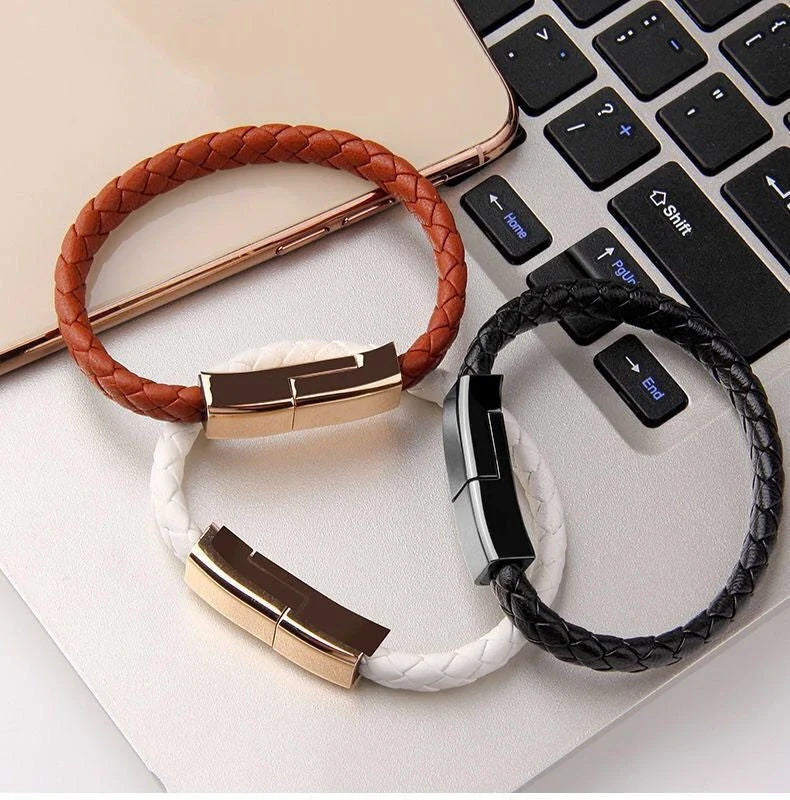 Stylish leather bracelet charging cable for iPhone, Android, and USB-C devices in various colors and sizes