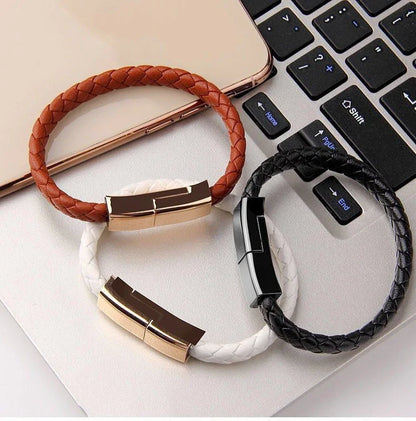 Stylish leather bracelet charging cable for iPhone, Android, and USB-C devices in various colors and sizes