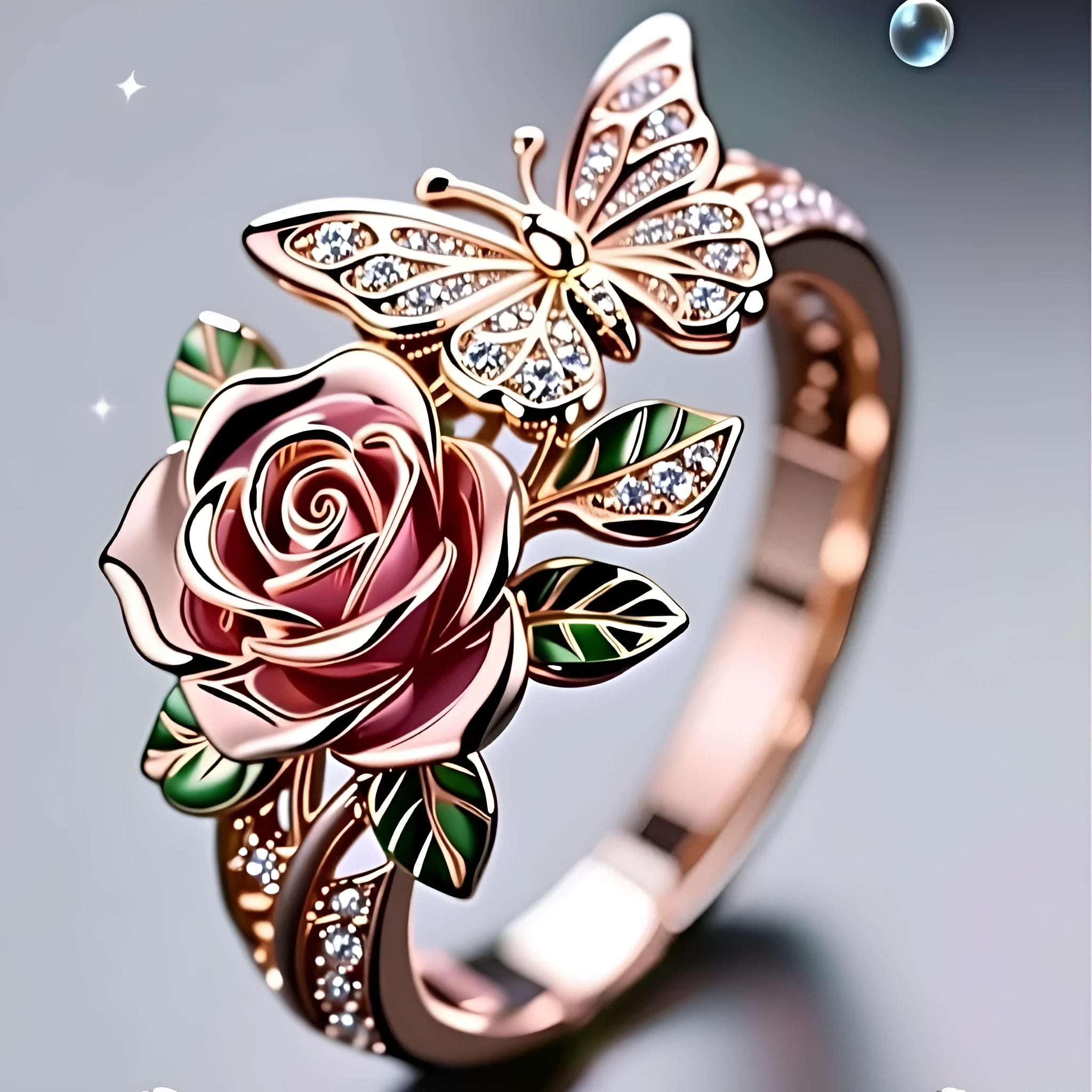 Adjustable colourful butterfly ring with oil droplet treatment and floral detailing