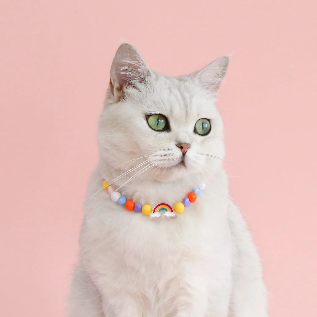 Colourful plastic bead pet necklace for cats in peach pattern with adjustable sizing