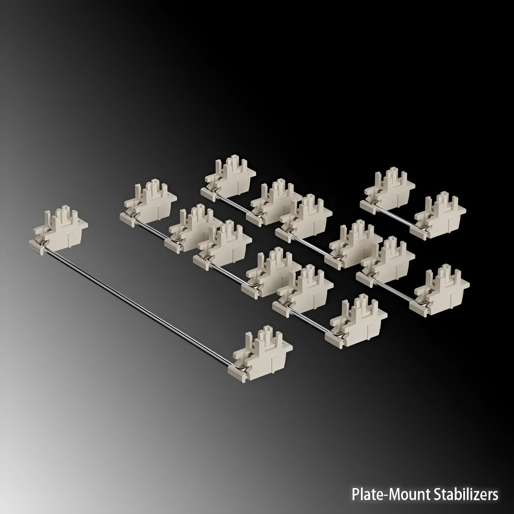 Black and milky white mechanical keyboard stabiliser sets for 6.25U and 7U spacebar layouts