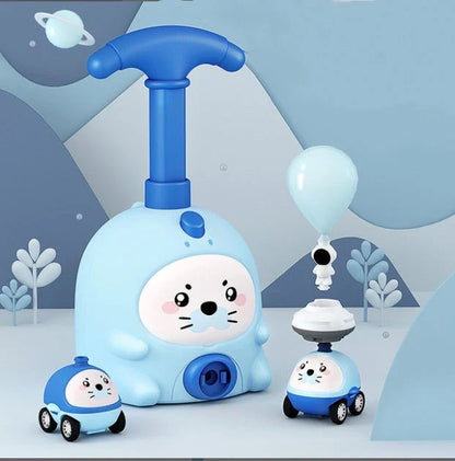 Colorful balloon-powered car toy with various animal designs, featuring a launch tower and balloons for children to propel the car using air power