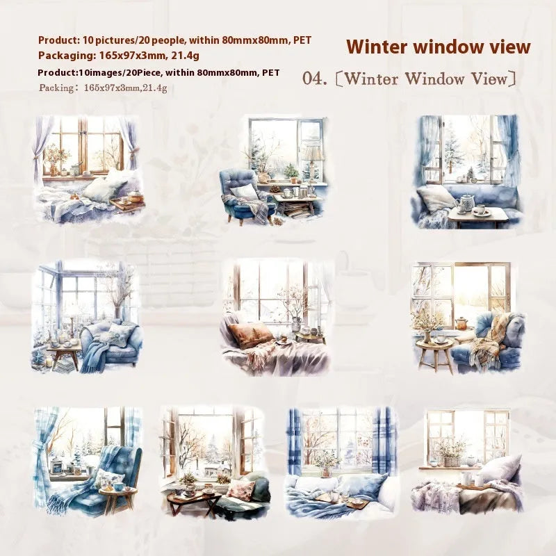 Retro-style Window Story Series decorative vinyl sticker set for journals in multiple colour themes.