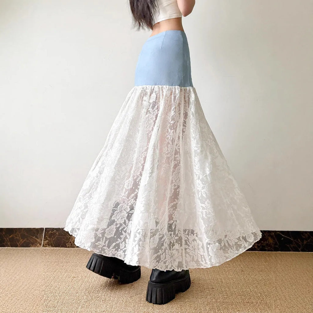 French style light blue denim A-line dress with lace stitching, low waist and breasted front, long skirt.