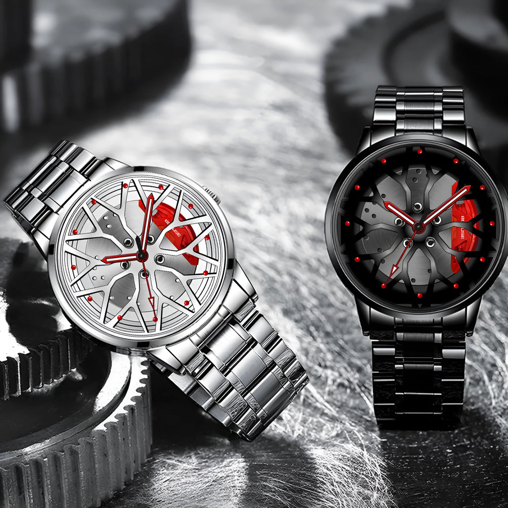 Men's waterproof luminous quartz watch with black steel red colour and 12mm stainless steel case on a white background