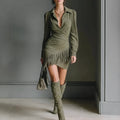 Western denim suede tassels slim-fit long sleeve dress in dark green with geometric pattern A-line skirt