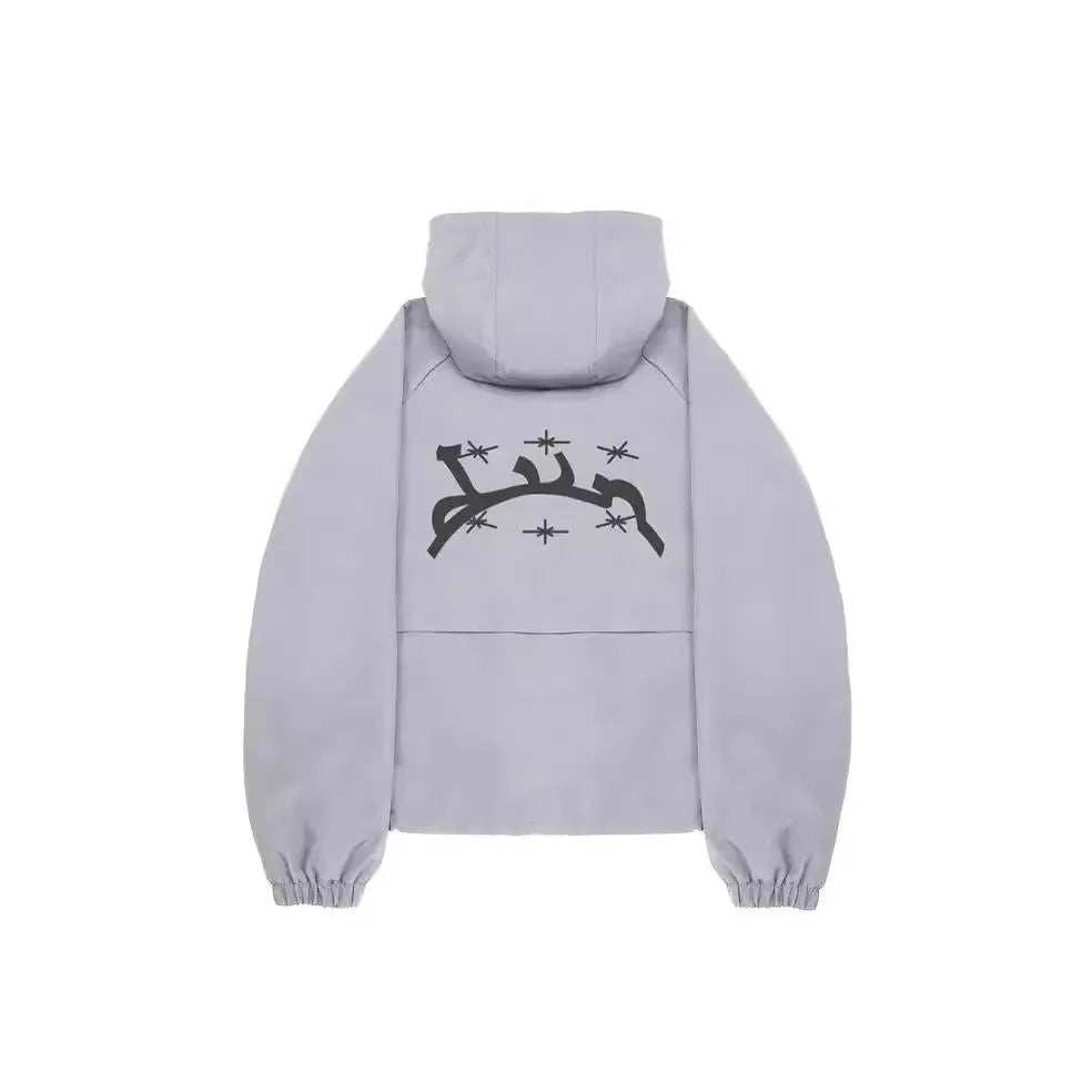 Men's grey hooded sunscreen jacket in British style with loose fit polyester construction