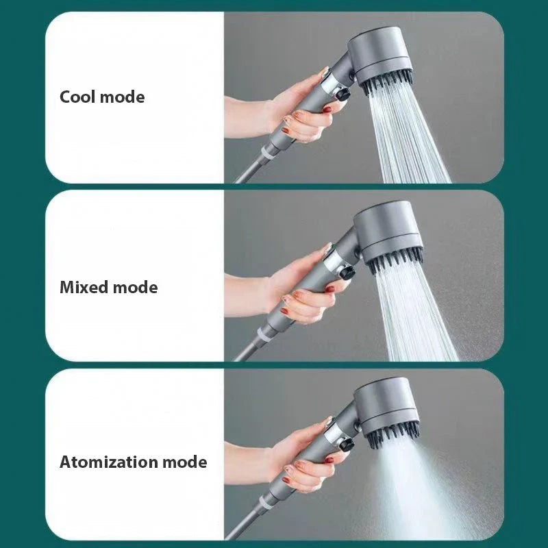 A high-pressure rainfall shower head made of durable ABS material with multi-mode functionality and a built-in water filter.