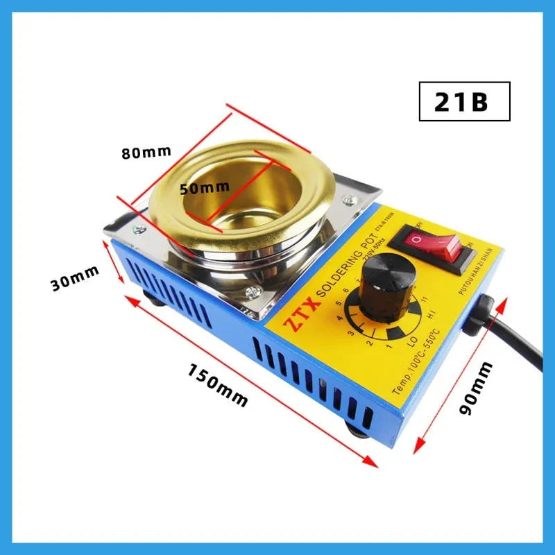 Desktop tin melting furnace with thermostat dial and titanium-plated pot on a workbench.