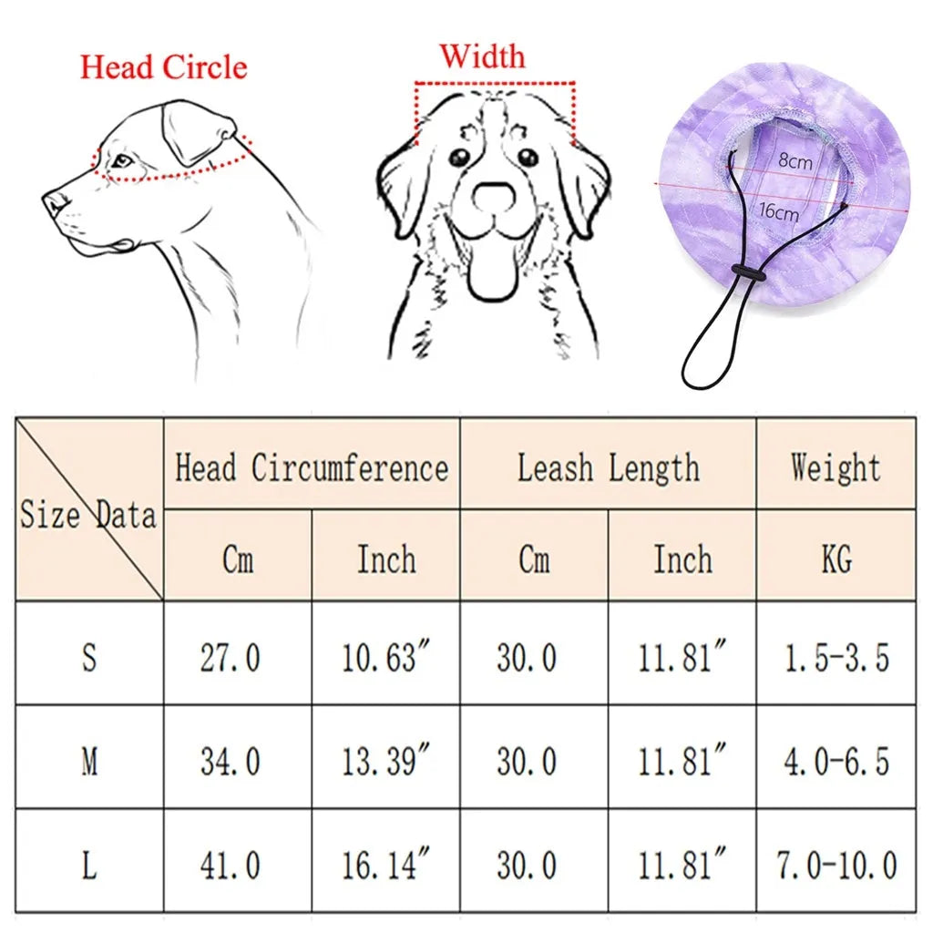 Pet hat with ear holes and adjustable chin strap for small and medium dogs tie-dye cotton polyester sun protection