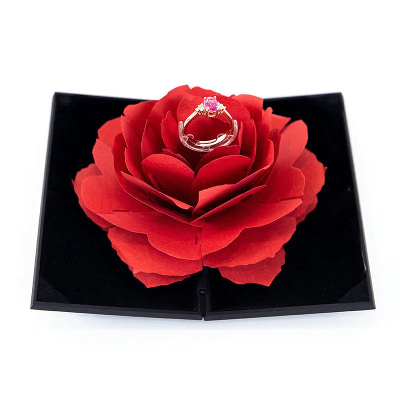 Red heart-shaped rotating ring box with 3D love design and rose decoration for jewellery packaging