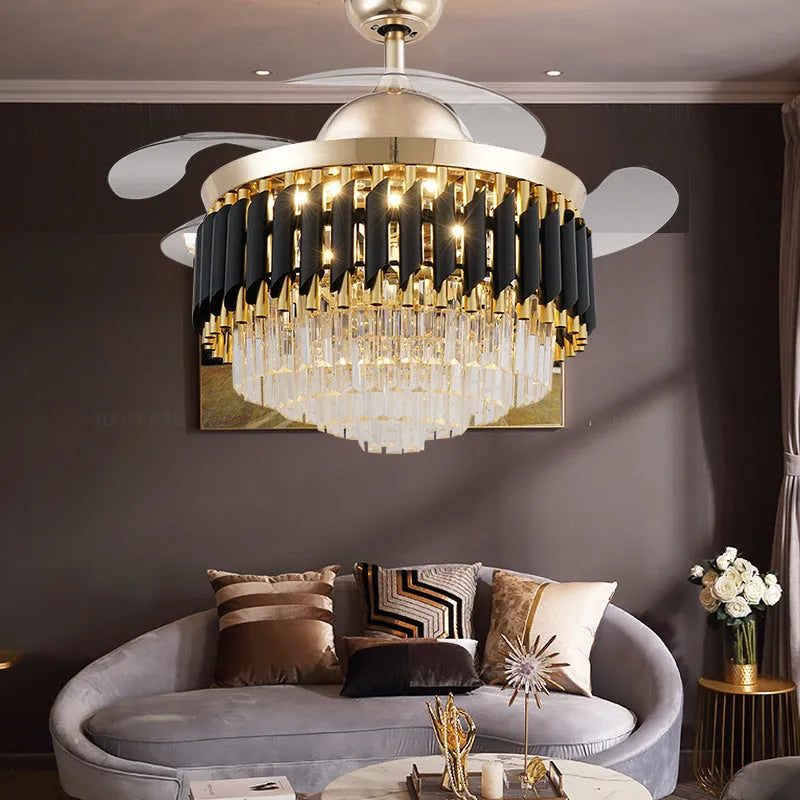 Crystal lampshade ceiling fan light with remote control in 42 inch or 48 inch size options.