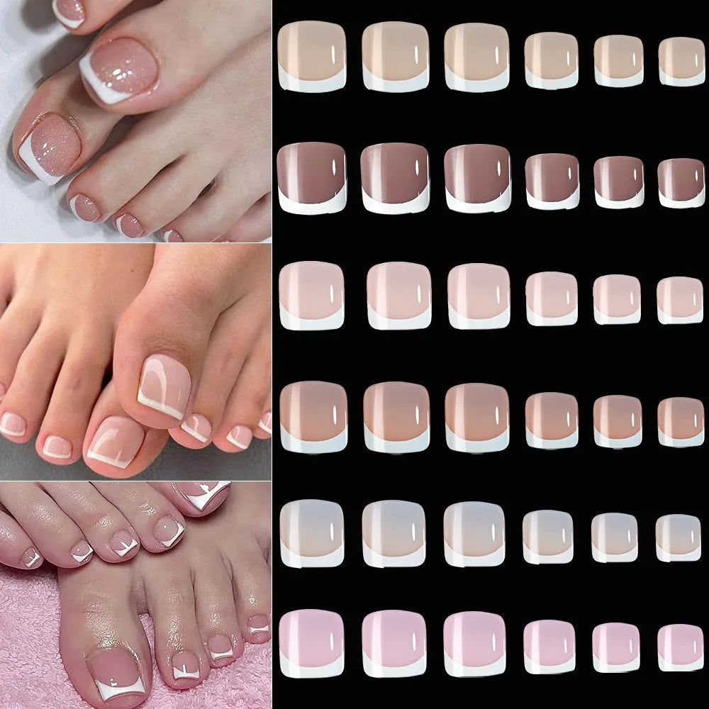 120 piece box of French white edge full square short nude artificial nail tips in nine shades.
