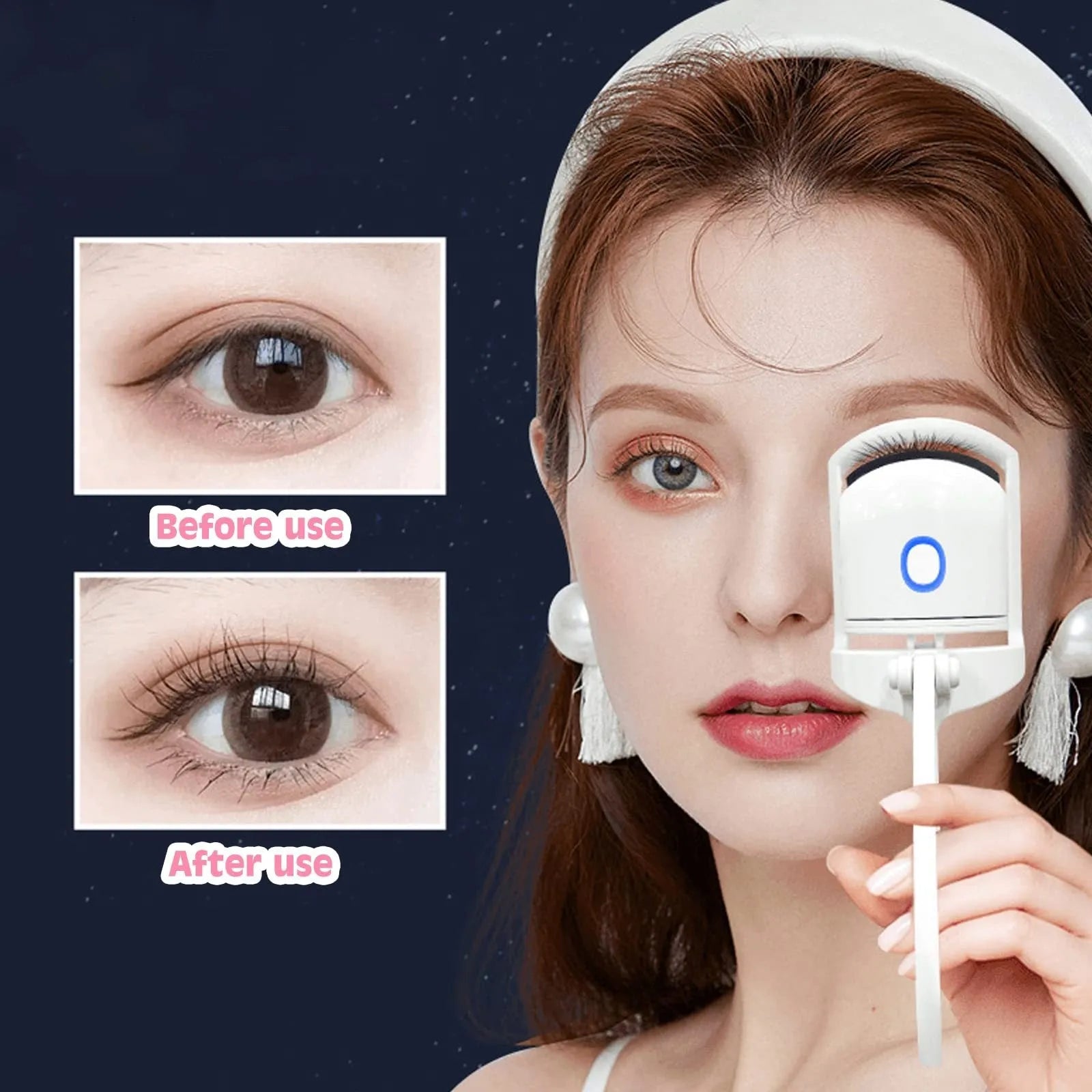 White USB heated eyelash curler with dual temperature buttons and safety insulating slots.