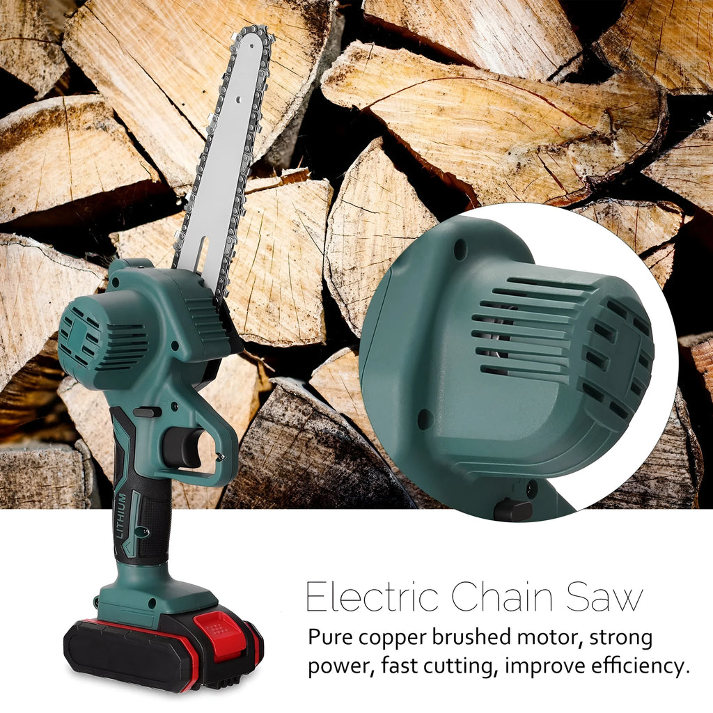 Black mini electric chainsaw with 4-inch guide bar held in one hand, showing lightweight cordless design.