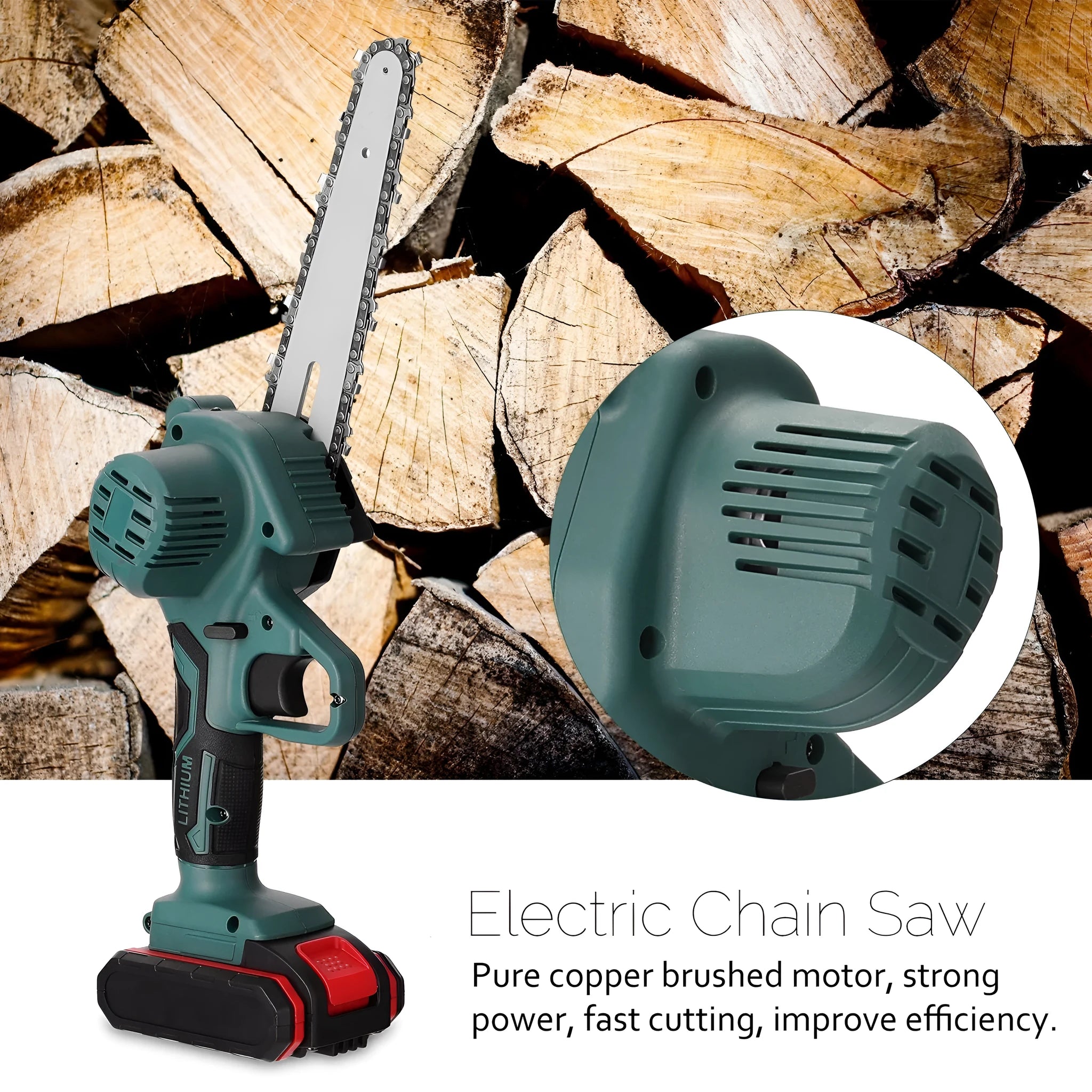 Black mini electric chainsaw with 4-inch guide bar held in one hand, showing lightweight cordless design.