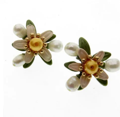 Women's retro orange blossom leaf earrings with freshwater yellow pearl and green varnish on silver alloy base