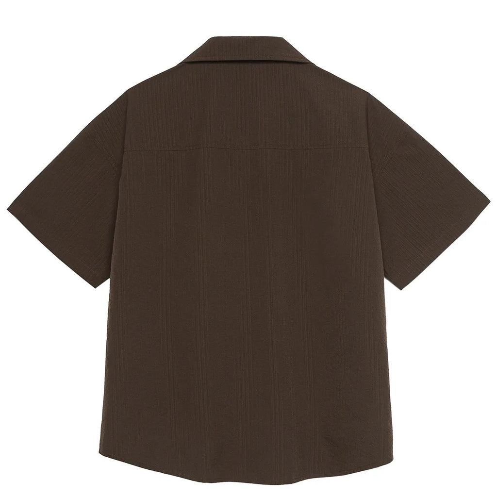 Brown coffee colour striped waterproof short sleeve shirt with Cuban collar for outdoor camping