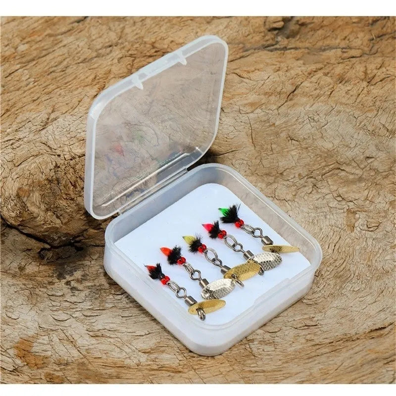 5 bionic mosquito and fly fishing hooks with spinning sequins in multicolour patterns