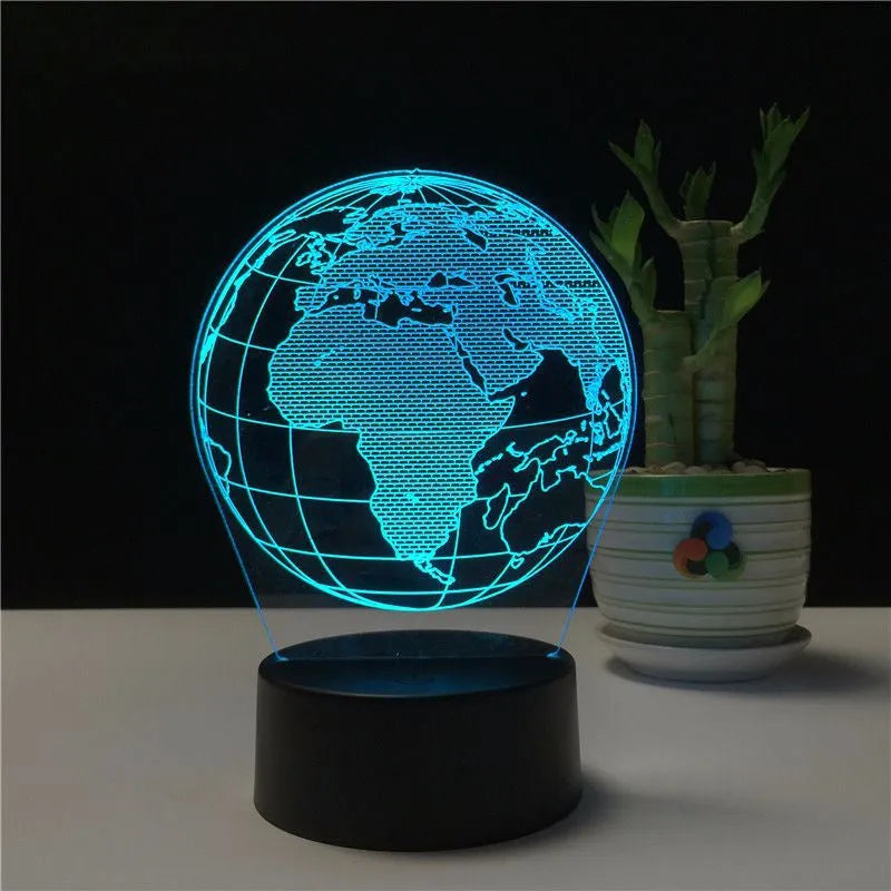 USB 3D Earth globe night light with black ABS base, acrylic plate, and USB cable, showing seven colour RGB illumination.