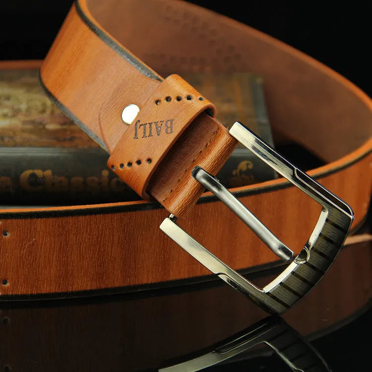 Men's retro hollow pin buckle belt with alloy D-shape buckle in brown, regular width 2-4cm