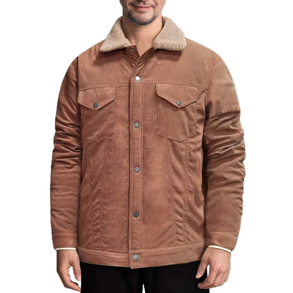 Men's thickened corduroy fleece-lined lapel jacket in dark brown, army green, navy blue or black, sizes S to XXXL
